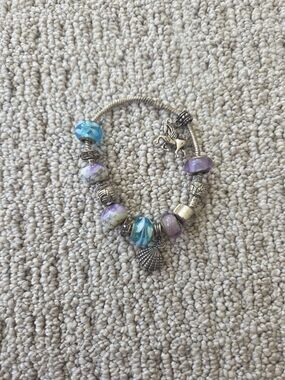 Silver Charm Bracelet with Purple and Teal Glass Beads